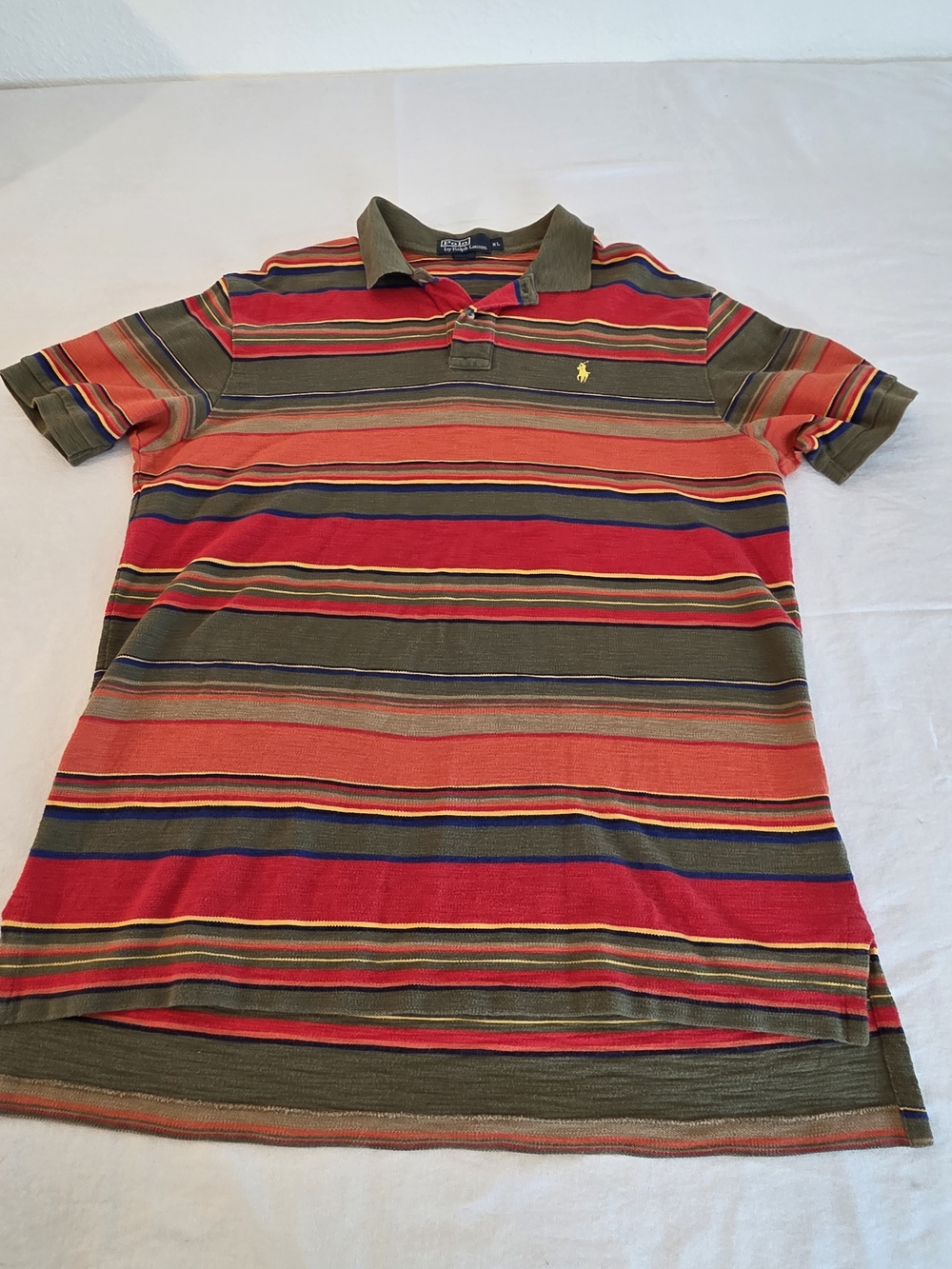 Polo Ralph Lauren Striped Polo in Red and Olive, Vintage. Size XL